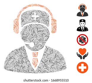 Line Mosaic based on emergency operator icon. Mosaic vector emergency operator is formed with scattered line dots. Bonus icons are added.