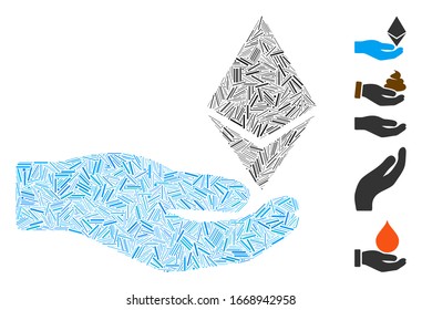 Die Linie Mosaik auf der Basis von Ethereum bieten Handsymbol. Mosaik Vektorillustration Ethereum Angebotshand ist mit zufälligen Linien Elemente entworfen. Bonussymbole werden hinzugefügt.