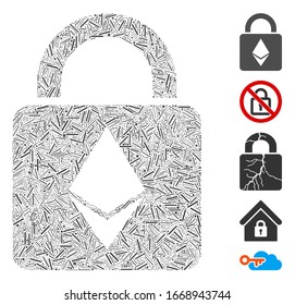 Line Mosaic based on Ethereum lock icon. Mosaic vector Ethereum lock is designed with scattered line dots. Bonus icons are added.