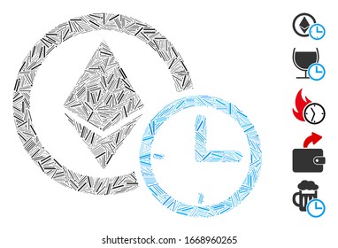 Line Mosaic basierend auf Ethereum Credit Clock Symbol. Mosaike Vektorillustration Die ätherische Kredituhr besteht aus randomisierten Zeilenpunkten. Bonussymbole werden hinzugefügt.