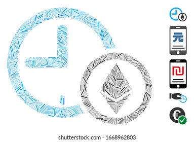 Mosaico de línea basado en el icono del reloj de crédito Ethereum. El reloj de crédito del etéreo vectorial mosaico se forma con elementos de línea aleatorizados. Se agregan iconos de bonificación.
