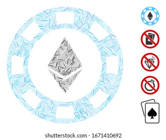 Line Mosaic based on Ethereum casino chip icon. Mosaic vector Ethereum casino chip is created with scattered line dots. Bonus icons are added.