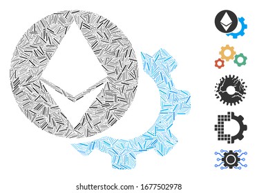 Mosaico de línea basado en el icono del engranaje de configuración de etéreo. El engranaje de configuración del etéreo vectorial mosaico se forma con puntos de línea dispersos. Se agregan iconos de bonificación.
