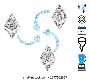 Linie Mosaik auf Basis des Ethereum Mixer wirl Symbol. Mosaik Vektorillustration Ethereum Mixer wirl besteht aus vereinzelten Linien Flecken. Bonussymbole werden hinzugefügt.