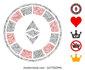 Line Mosaic based on Ethereum casino roulette icon. Mosaic vector Ethereum casino roulette is designed with random line dots. Bonus icons are added.