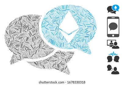 Line Mosaic basierend auf dem Ethereum Webinar-Nachrichten-Symbol. Mosaik Vektorillustration Ethereum Webinar Nachrichten ist mit zufälligen Linien Punkte entworfen. Bonussymbole werden hinzugefügt.