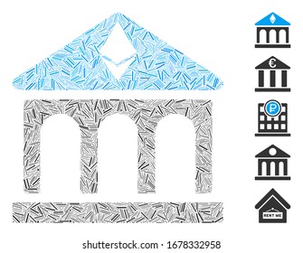 Mosaico de línea basado en el icono de construcción del banco Ethereum. Edificio de banco Ethereum vectorial mosaico compuesto por puntos de línea dispersos. Se agregan iconos de bonificación.