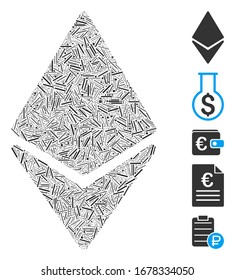 Line Mosaic based on Ethereum icon. Mosaic vector Ethereum is designed with random line elements. Bonus icons are added.