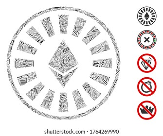 Line Mosaic based on Ethereum casino roulette icon. Mosaic vector Ethereum casino roulette is formed with random hatch dots. Bonus icons are added.