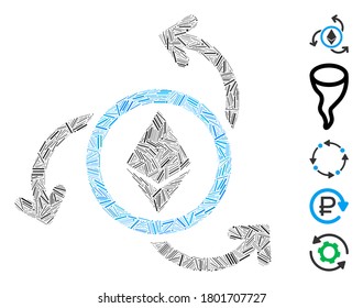 Linie Mosaik basierend auf Ethereum Source Swirl Symbol. Mosaikvektorwirl Ethereum Quellenwirl wird mit Zufallselementen gebildet. Bonussymbole werden hinzugefügt.