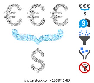 Line Mosaic based on Euro Dollar conversion aggregator icon. Mosaic vector Euro Dollar conversion aggregator is composed with random line items. Bonus icons are added.