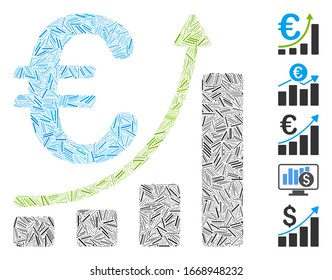 Mosaico de línea basado en el icono del crecimiento de las ventas en euros. El crecimiento de las ventas en euros de vectores mosaicos se crea con puntos de línea aleatorizados. Se agregan iconos de bonificación.
