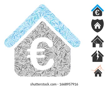 Line Mosaic basado en el icono de préstamo de bienes raíces. Vector mosaico El préstamo de bienes inmuebles en euros se forma con puntos de línea aleatorios. Se agregan iconos de bonificación.