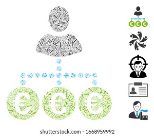 Mosaico de línea basado en el icono del contribuyente masivo del euro. El pagador masivo en euros vector mosaico se crea con elementos de línea aleatoria. Se agregan iconos de bonificación.
