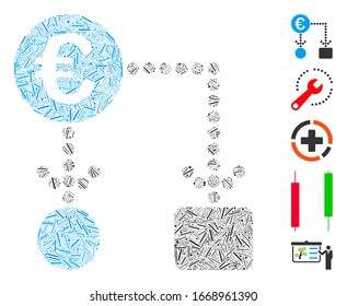 Line Mosaic based on Euro flow chart icon. Mosaic vector Euro flow chart is created with randomized line elements. Bonus icons are added.
