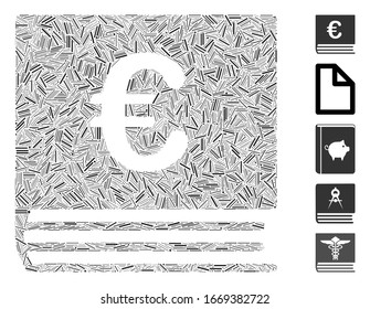 Line Mosaic based on Euro bookkeeping book icon. Mosaic vector Euro bookkeeping book is composed with randomized line elements. Bonus icons are added.