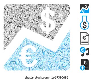 Linie Mosaik auf der Grundlage der Euro-und Dollar-Finanzen Symbol. Die mosaikanische Vektorillustration Euro- und Dollarkredite besteht aus Zufallspunkten. Bonussymbole werden hinzugefügt.