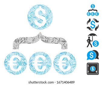 Line Mosaic based on Euro Dollar conversion aggregator icon. Mosaic vector Euro Dollar conversion aggregator is created with randomized line spots. Bonus icons are added.