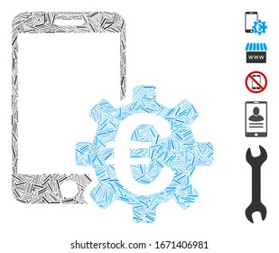 Line Mosaic based on Euro mobile bank configuration icon. Mosaic vector Euro mobile bank configuration is formed with scattered line items. Bonus icons are added.