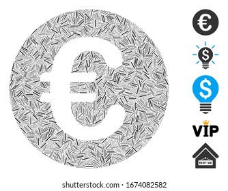 Linie Mosaik auf Basis Euro-Münzsymbol. Mosaike Vektorillustration Euro-Münze ist mit Zufallselementen gebildet. Bonussymbole werden hinzugefügt.