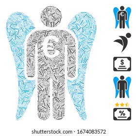 Line Mosaic based on Euro angel investor icon. Mosaic vector Euro angel investor is formed with randomized line spots. Bonus icons are added.