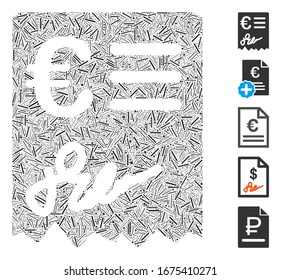 Line Mosaic based on Euro invoice icon. Mosaic vector Euro invoice is created with randomized line items. Bonus icons are added.