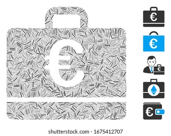 Line Mosaic based on Euro case icon. Mosaic vector Euro case is designed with random line elements. Bonus icons are added.