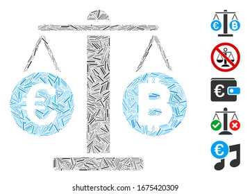 Line Mosaic based on Euro and Bitcoin scales icon. Mosaic vector Euro and Bitcoin scales is designed with random line spots. Bonus icons are added.