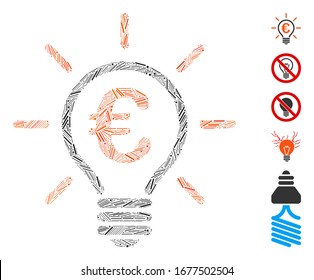 Line Mosaic based on Euro power bulb icon. Mosaic vector Euro power bulb is formed with scattered line items. Bonus icons are added.