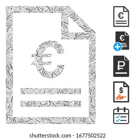 Line Mosaic basierend auf Euro Rechnungsseite Symbol. Mosaic Vektorillustration Euro Rechnungsseite besteht aus verstreuten Zeilenelementen. Bonussymbole werden hinzugefügt.