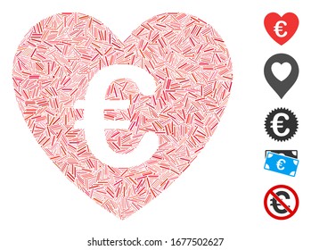 Mosaico de línea basado en el ícono del corazón de amor Euro. Vector de mosaico El corazón de amor del euro se compone de elementos de línea aleatoria. Se agregan iconos de bonificación.