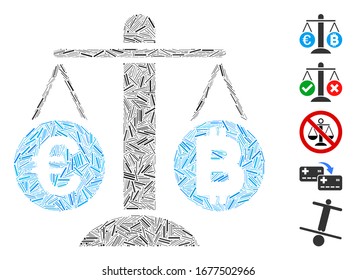 Mosaico de línea basado en el icono del peso del balance de Bitcoin Euro. Vector mosaico El peso del balance de bitcoin se crea con puntos de línea aleatorizados. Se agregan iconos de bonificación.