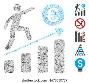 Line Mosaic based on Euro business growth icon. Mosaic vector Euro business growth is formed with randomized line items. Bonus icons are added.