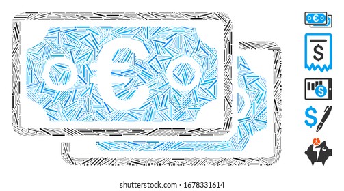 Line Mosaic based on Euro banknotes icon. Mosaic vector Euro banknotes is composed with randomized dash items. Bonus icons are added.