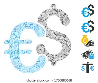 Line Mosaic based on Euro Dollar currency icon. Mosaic vector Euro Dollar currency is formed with random line spots. Bonus icons are added.