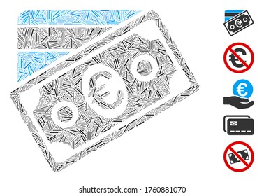 Line Mosaic based on Euro money credit card icon. Mosaic vector Euro money credit card is designed with scattered line items. Bonus icons are added.