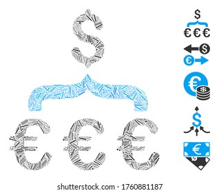 Line Mosaic based on Euro Dollar conversion aggregator icon. Mosaic vector Euro Dollar conversion aggregator is created with randomized hatch spots. Bonus icons are added.