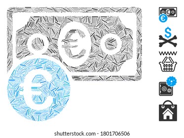 Line Mosaic based on Euro cash money icon. Mosaic vector Euro cash money is composed with random line spots. Bonus icons are added.