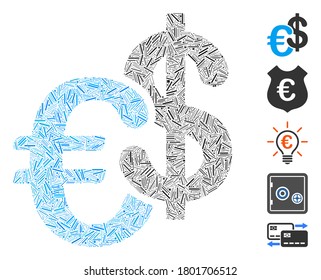 Line Mosaic based on Euro and Dollar currency icon. Mosaic vector Euro and Dollar currency is formed with random dash items. Bonus icons are added.