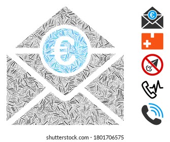 Line Mosaic based on Euro mail icon. Mosaic vector Euro mail is designed with random line spots. Bonus icons are added.