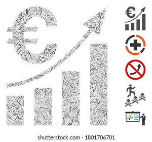 Line Mosaic based on Euro bar chart trend icon. Mosaic vector Euro bar chart trend is composed with randomized line items. Bonus icons are added.