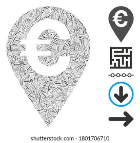 Line Mosaic based on Euro map marker icon. Mosaic vector Euro map marker is composed with random dash elements. Bonus icons are added.