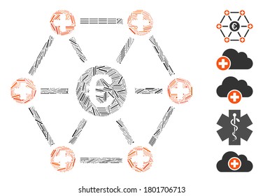 Line Mosaic based on Euro medical network icon. Mosaic vector Euro medical network is designed with randomized line spots. Bonus icons are added.