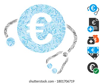 Line Mosaic basado en el icono del euro payment medicina. La medicina de pago en euros con vectores de mosaico está diseñada con manchas de línea aleatorias. Se agregan iconos de bonificación.