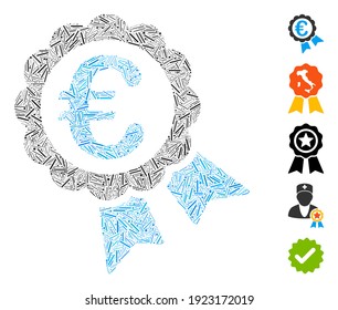 Linie Mosaik auf der Grundlage von Euro Garantie Siegelsymbol. Mosaik Vektor Euro Garantie Siegel wird mit Zufallselementen erstellt. Bonussymbole werden hinzugefügt.