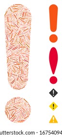 Line Mosaic based on exclamation sign icon. Mosaic vector exclamation sign is designed with scattered line items. Bonus icons are added.