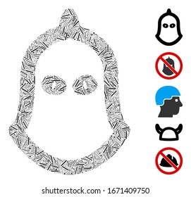 Line Mosaic based on executioner helmet icon. Mosaic vector executioner helmet is designed with scattered line spots. Bonus icons are added.