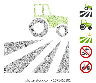 Line Mosaic based on farm field with tractor icon. Mosaic vector farm field with tractor is composed with random line dots. Bonus icons are added.