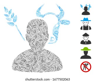Line Mosaic based on farmer icon. Mosaic vector farmer is composed with random line dots. Bonus icons are added.