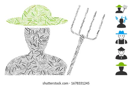 Linie Mosaik auf Bauern mit Pitchfork-Symbol. Mosaik Vektorillustration Bauer mit Pitchfork besteht aus Zufallspunkten. Bonussymbole werden hinzugefügt.